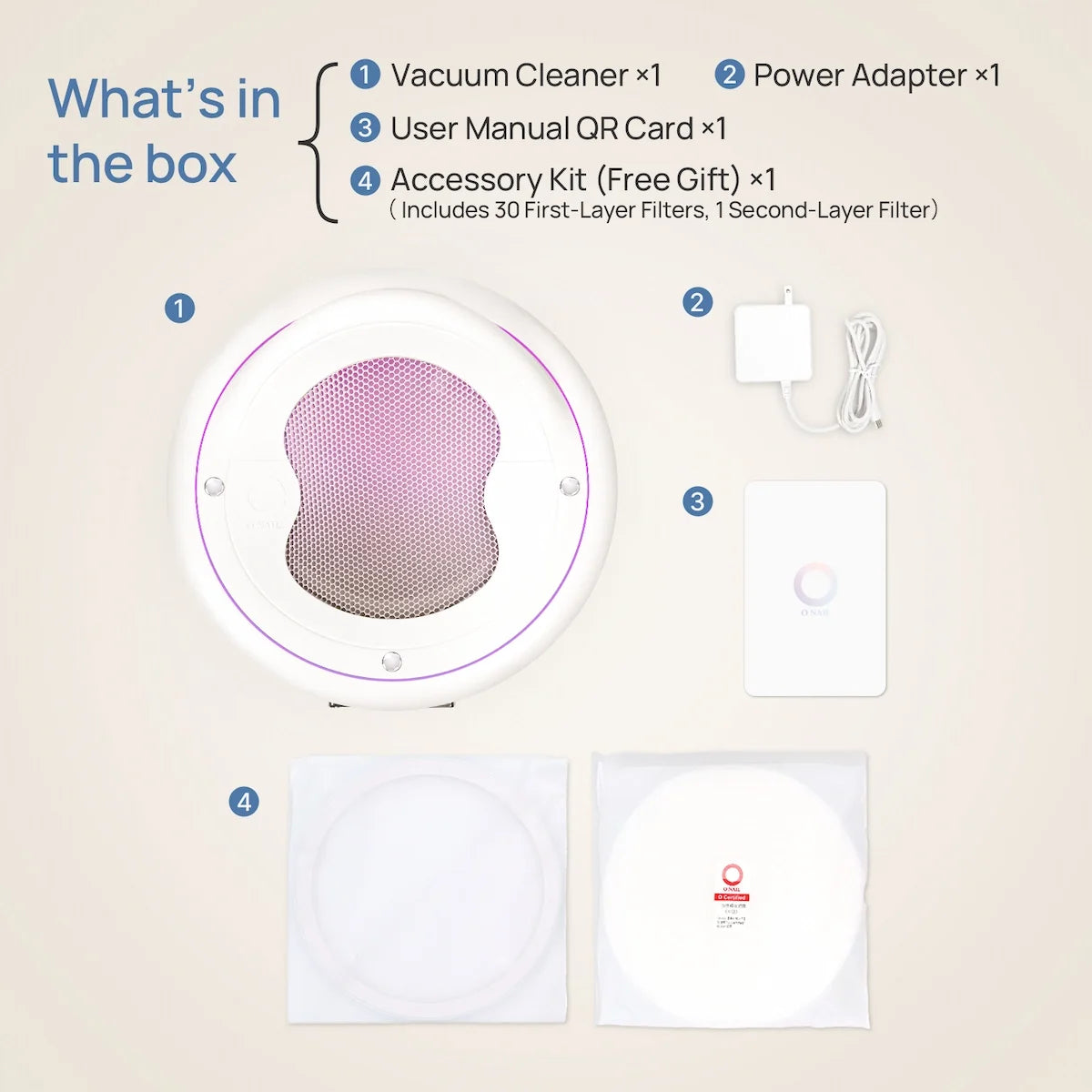 Contenido de la caja del aspirador de uñas ONAIL: aspirador, adaptador de corriente, tarjeta con el manual y kit de filtros