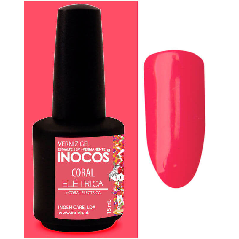 Esmalte semipermanente INOCOS Maria Coral Elétrica 15 ml, coral fucsia intenso, con muestra en uña