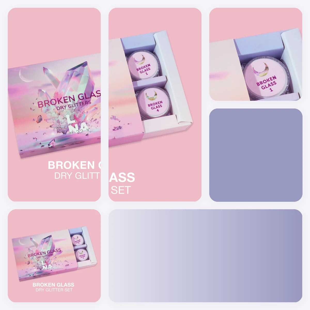 Set Glitters Secos para Uñas LUNAmoon «Broken Glass» – 6 pcs – detalles del producto y tono del color