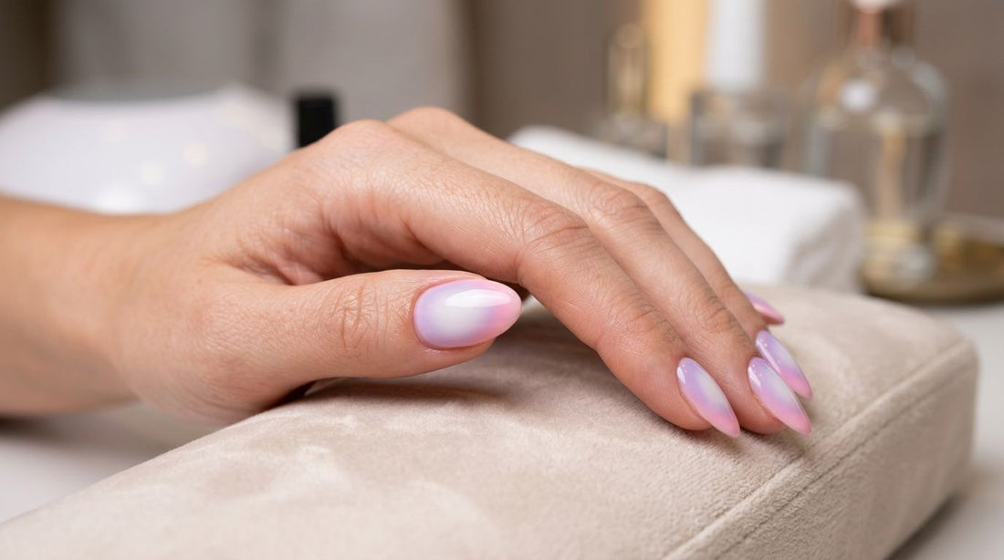 Aura nails efecto halo: degradado difuminado en lavanda y rosa en manicura semipermanente