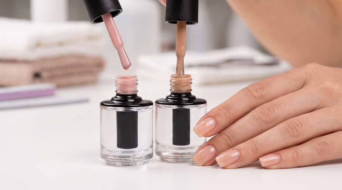 Comparativa de bases rubber: dos esmaltes de textura gel aplicados sobre uña natural en manicura profesional