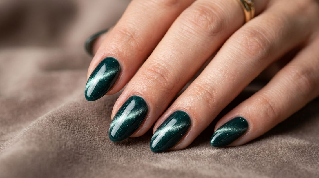 Cat eye nails: efecto ojo de gato con pigmento magnético en esmalte semipermanente verde esmeralda