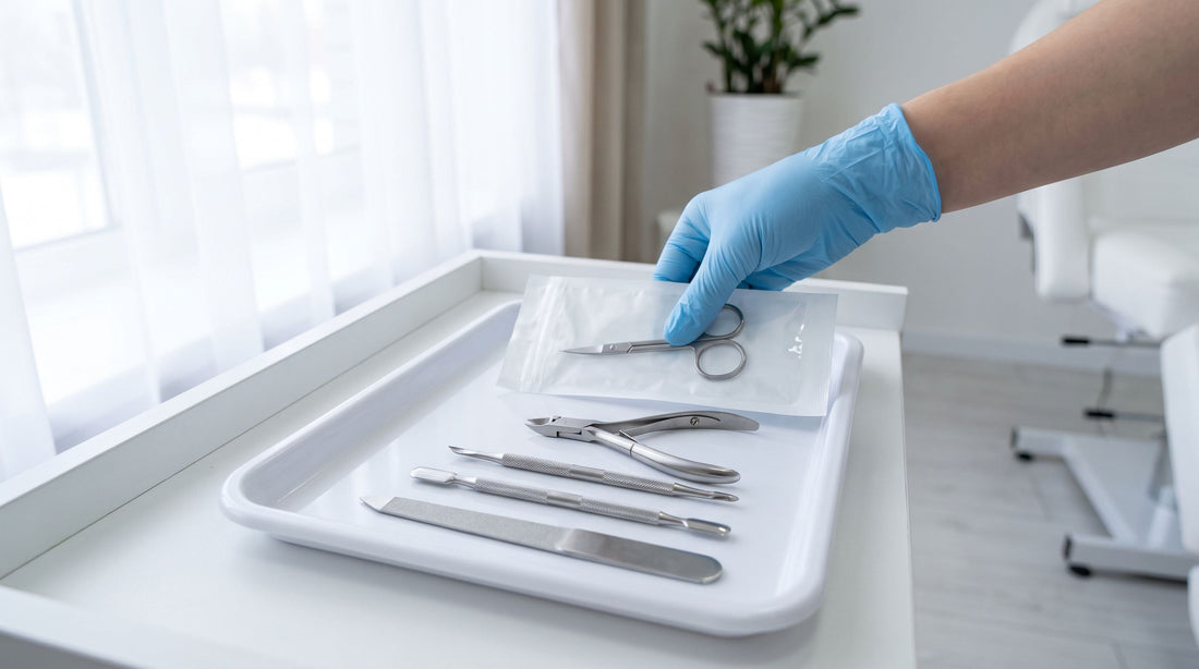 Herramientas de manicura de acero inoxidable sobre bandeja estéril, preparadas para desinfectar y esterilizar en salón de uñas