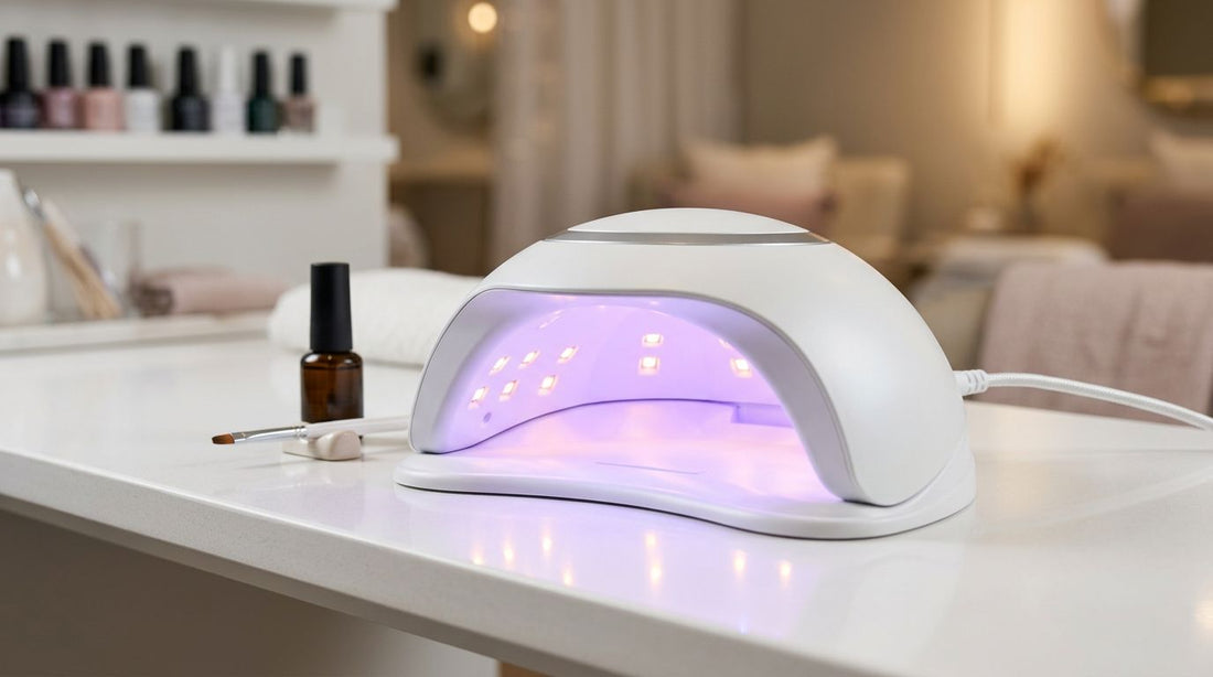 Lámpara UV LED profesional para uñas: curado con luz púrpura en mesa de manicura