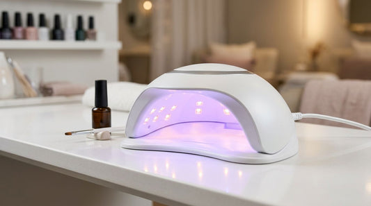 Lámpara UV LED profesional para uñas: curado con luz púrpura en mesa de manicura