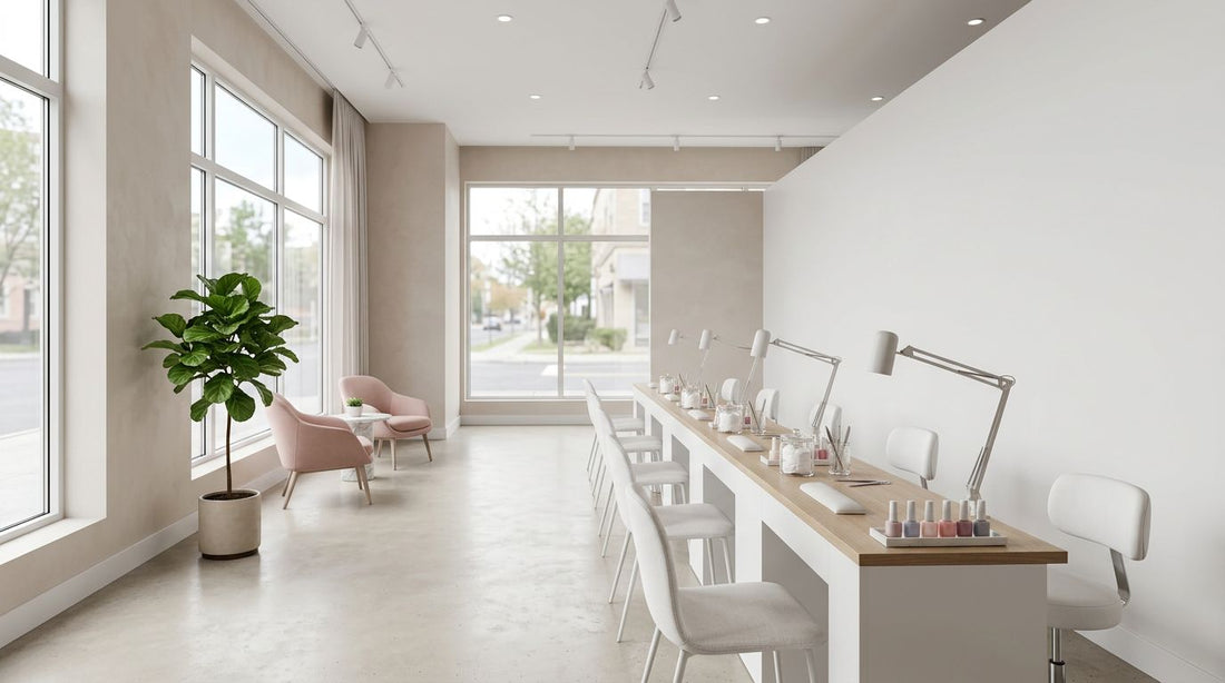 Interior de salón de uñas profesional moderno y minimalista con estaciones de manicura