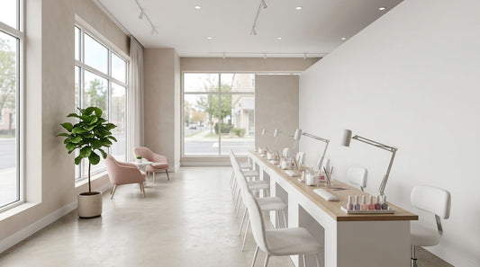 Interior de salón de uñas profesional moderno y minimalista con estaciones de manicura