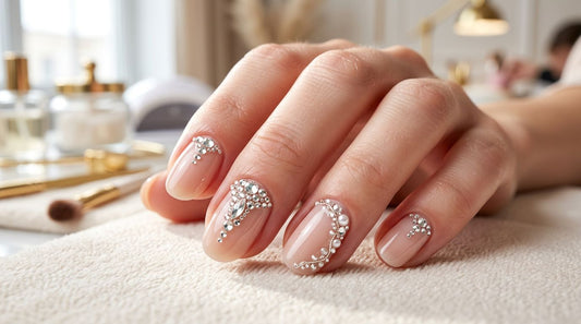 Crystals para uñas: decoración con cristales strass y perlas sobre esmalte nude brillante