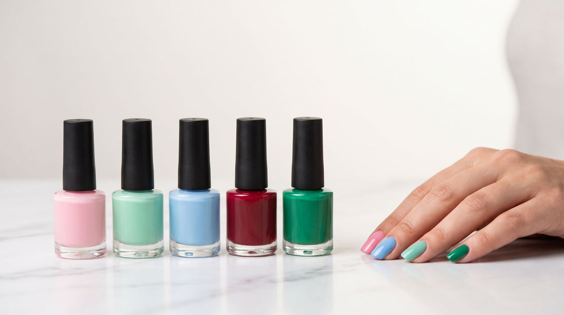 Esmaltes semipermanentes en formato mini de 8 ml en varios colores junto a manicura de colores para cabina profesional