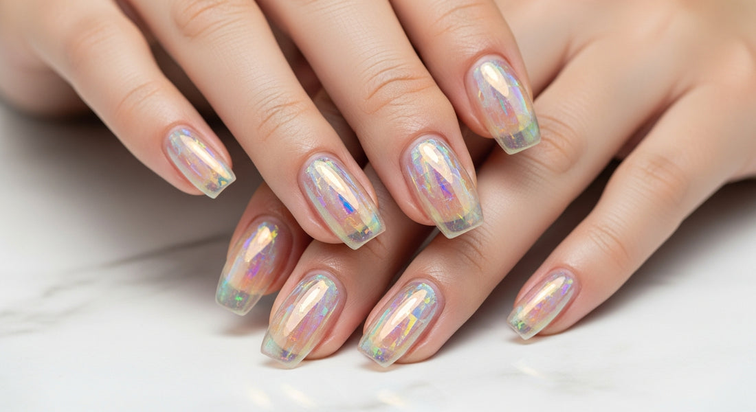 Glass nails efecto cristal: uñas transparentes con lamina iridiscente tecnica profesional salon