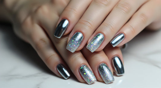 Glitter y pigmentos cromados en uñas: efecto espejo y brillos holograficos en salon profesional