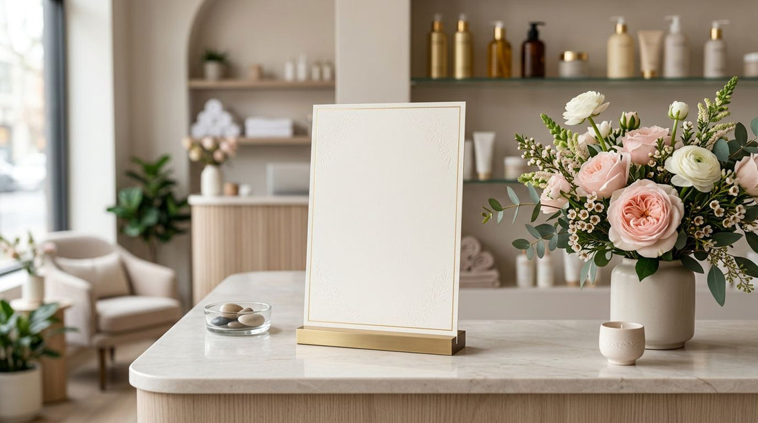 Menú de servicios rentable para salón de uñas: carta de precios elegante en mostrador