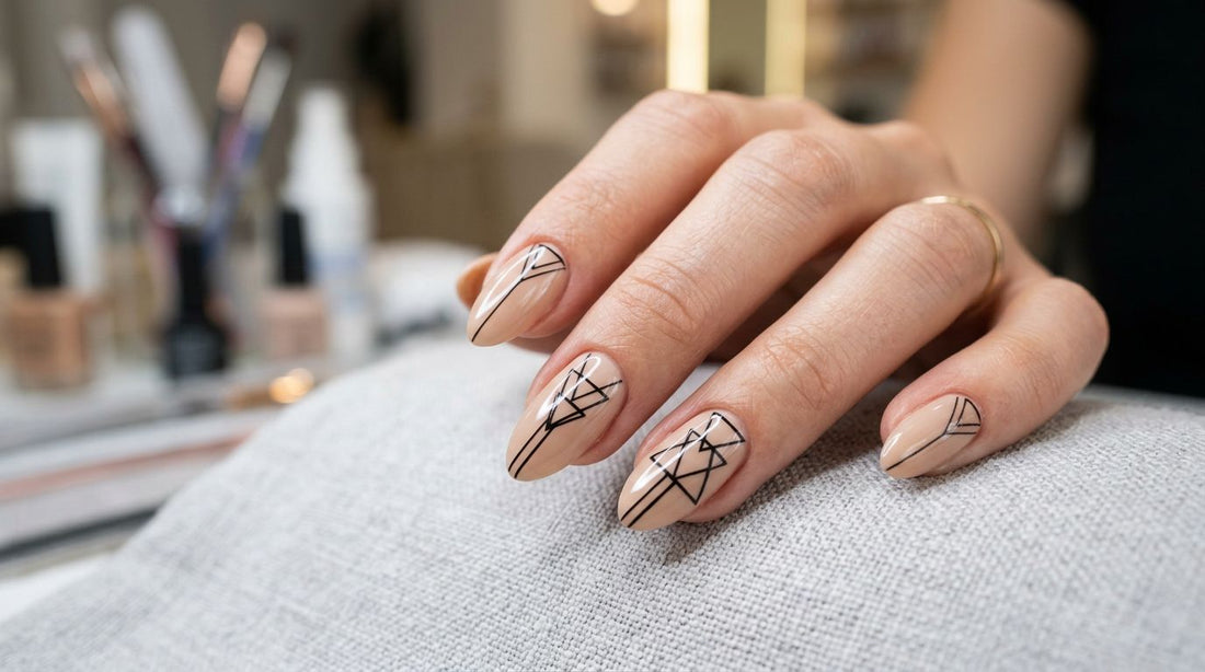 Nail art geométrico: líneas y triángulos finos sobre base nude en manicura profesional