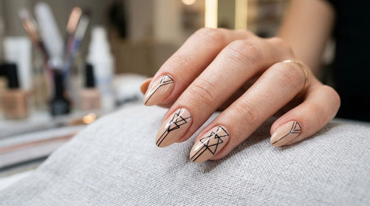 Nail art geométrico: líneas y triángulos finos sobre base nude en manicura profesional