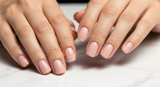 Nail art minimalista profesional: uñas nude con línea fina en fondo de mármol blanco