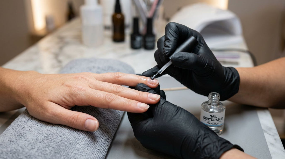 Nail prep profesional: aplicación de deshidratador antes de manicura semipermanente para mejor adherencia