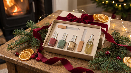 Pack regalo de uñas para Navidad: set de esmaltes, lima y aceite de cutículas envuelto con lazo