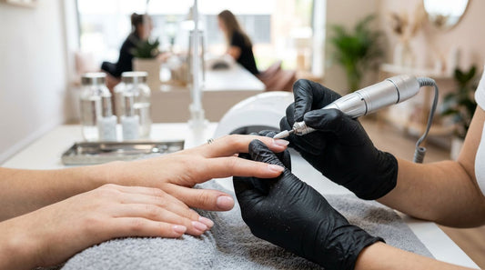 Manicurista profesional realizando relleno de uñas semipermanente con torno eléctrico en salón de uñas