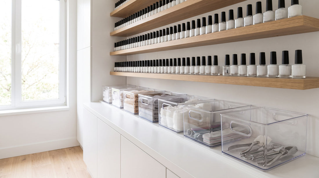 Gestión de stock en salón de uñas: estanterías organizadas con esmaltes y cajas de inventario