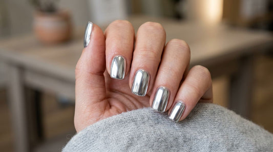 Uñas cromadas efecto espejo plateado: polvo cromo profesional sobre esmalte semipermanente