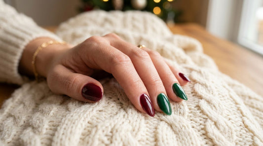 Uñas de temporada invierno: tonos vino y verde esmeralda en manicura semipermanente profesional