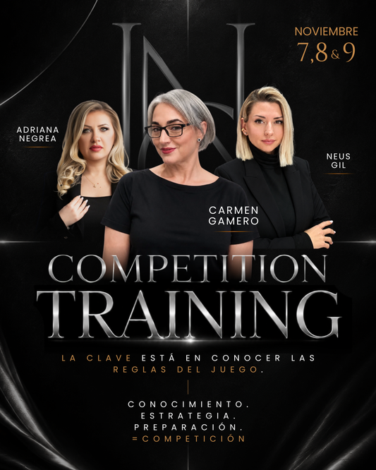 Cartel Competition Training BSHOP NAILS ACADEMY con Adriana Negrea, Carmen Gamero y Neus Gil, curso de estrategia para competiciones de uñas, 7-9 noviembre 2026 Gandía