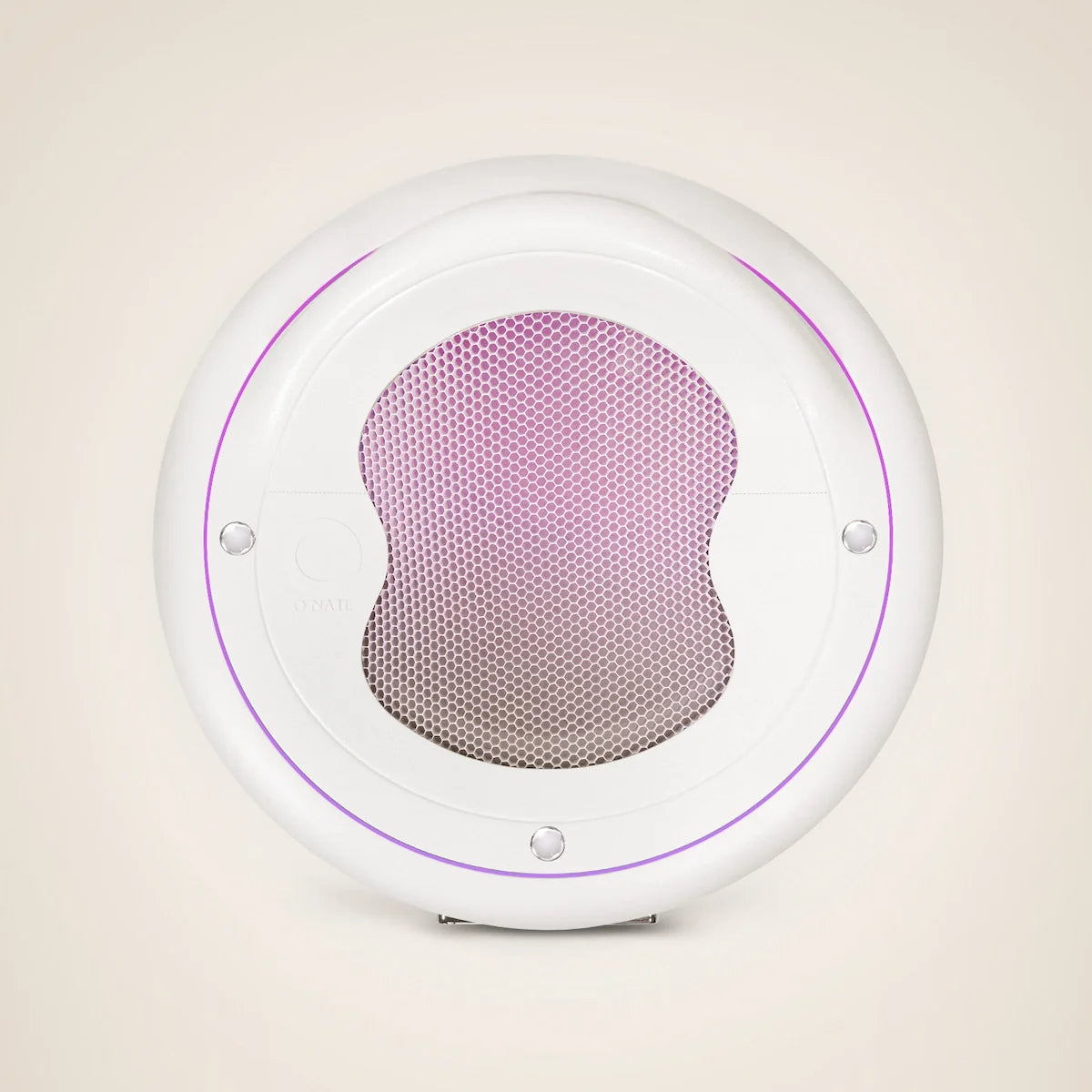 Vista superior del aspirador de uñas ONAIL con la rejilla de aspiración y el aro luminoso morado