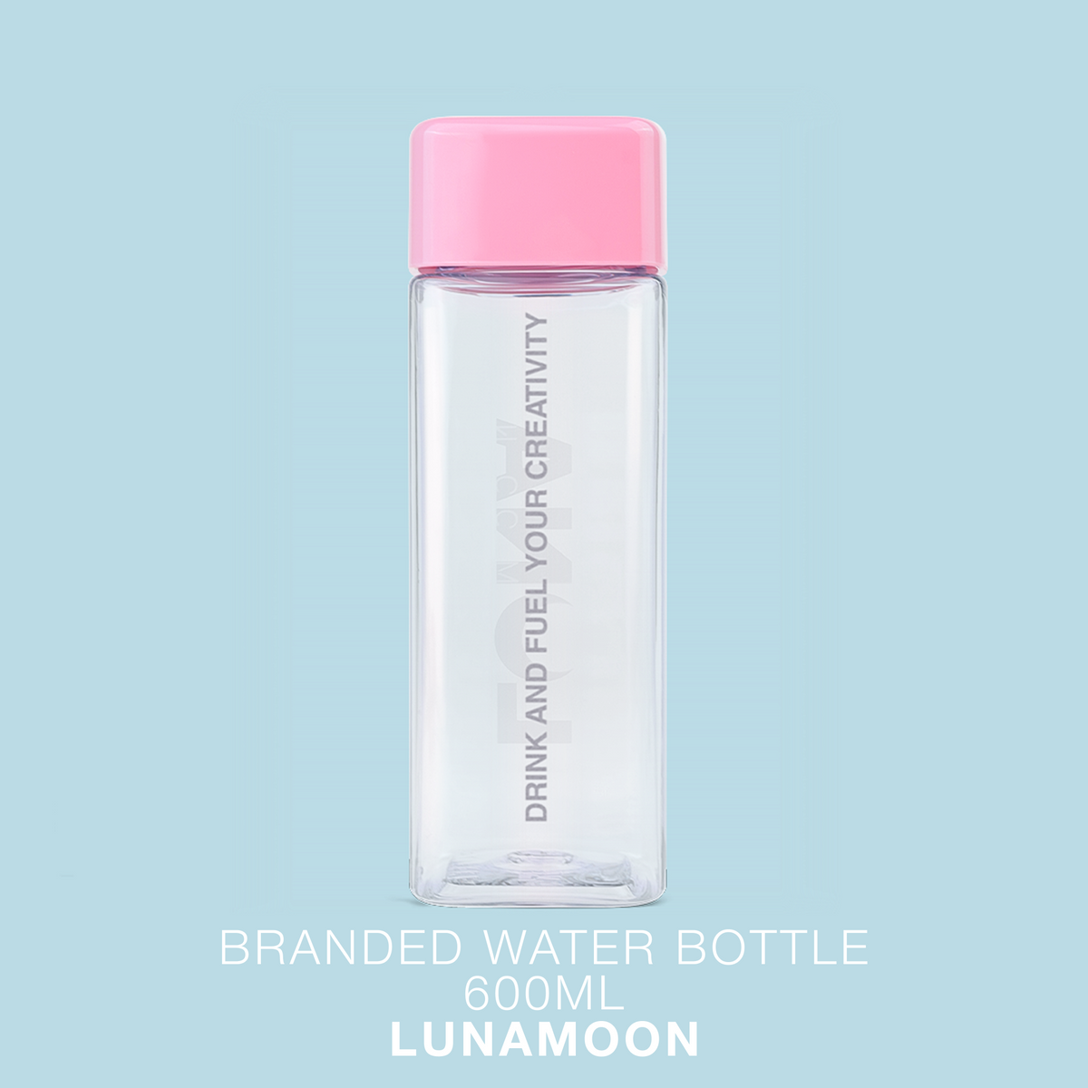 Botella de agua LUNAmoon de 600 ml, transparente con tapón rosa