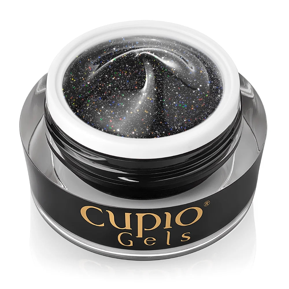 Tarro abierto del Builder Gel Cupio Disco Cosmic Glitter de 15 ml en negro con brillo multicolor