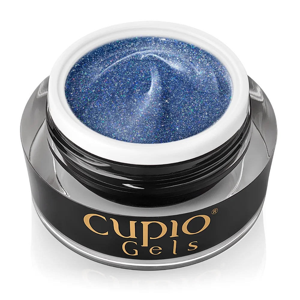 Tarro abierto del Builder Gel Cupio Disco Electric Blue de 15 ml en azul con brillo