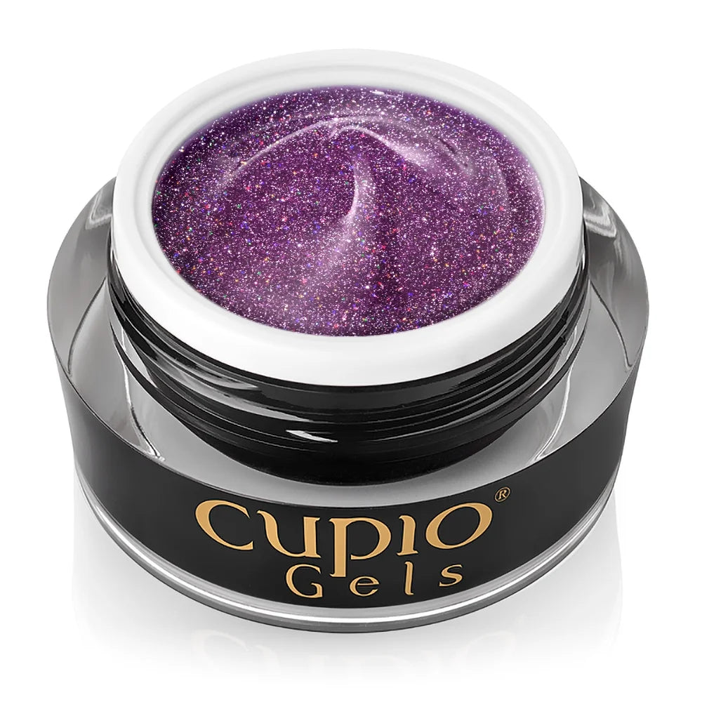 Tarro abierto del Builder Gel Cupio Disco Purple Pulse de 15 ml en morado con brillo