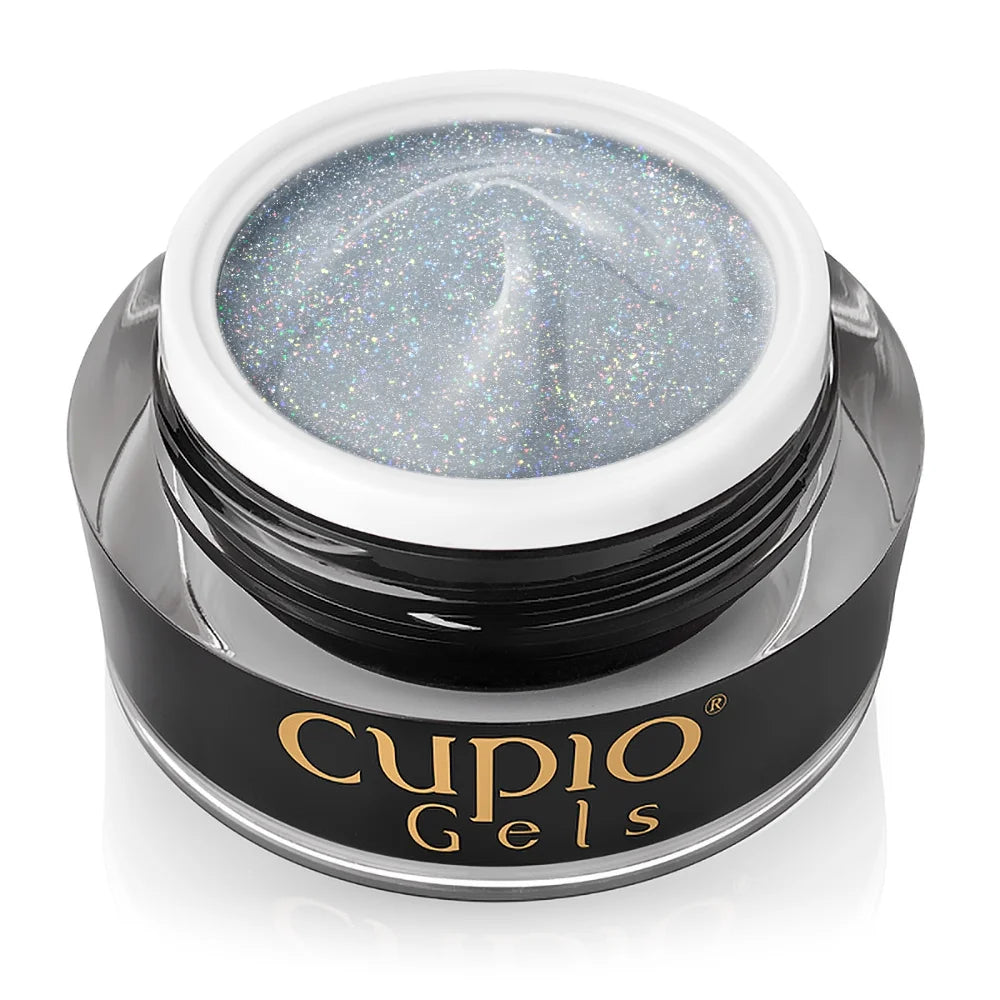 Tarro abierto del Builder Gel Cupio Disco Silver Vibe de 15 ml en plata con brillo