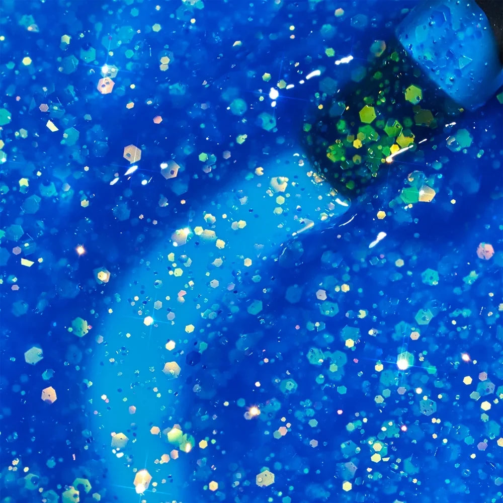 Detalle del color azul neón con purpurina del Builder Gel Cupio Glitter Neon Fantasy Ocean