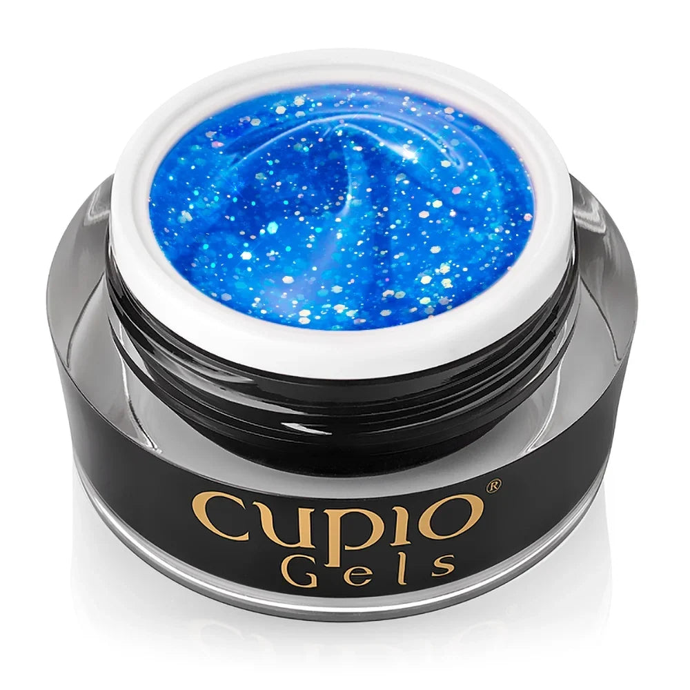Tarro abierto del Builder Gel Cupio Glitter Neon Fantasy Ocean de 15 ml en azul neón con purpurina