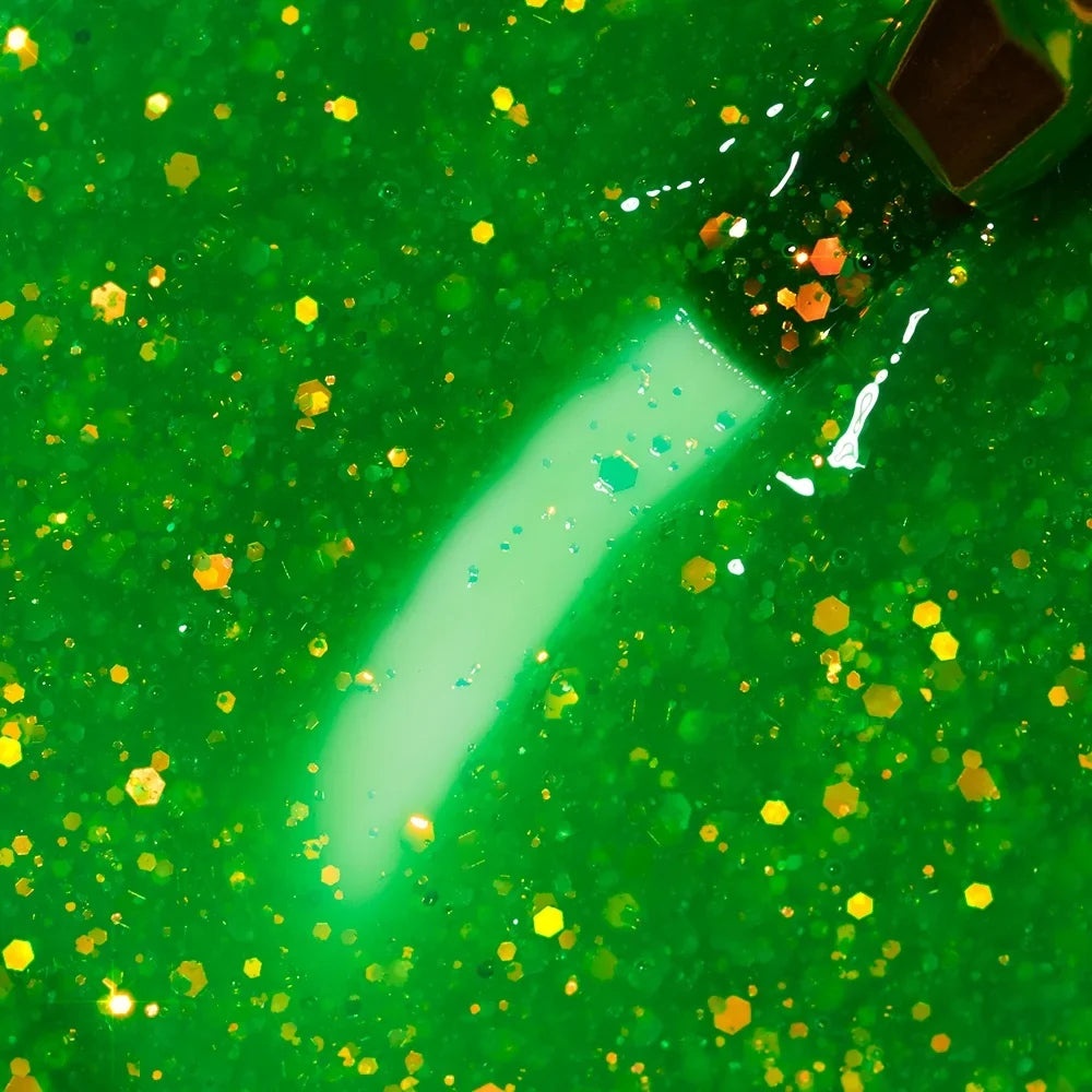 Detalle del color verde neón con purpurina del Builder Gel Cupio Glitter Neon Green Apple