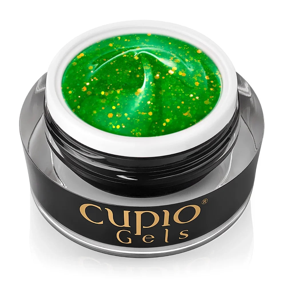 Tarro abierto del Builder Gel Cupio Glitter Neon Green Apple de 15 ml en verde neón con purpurina