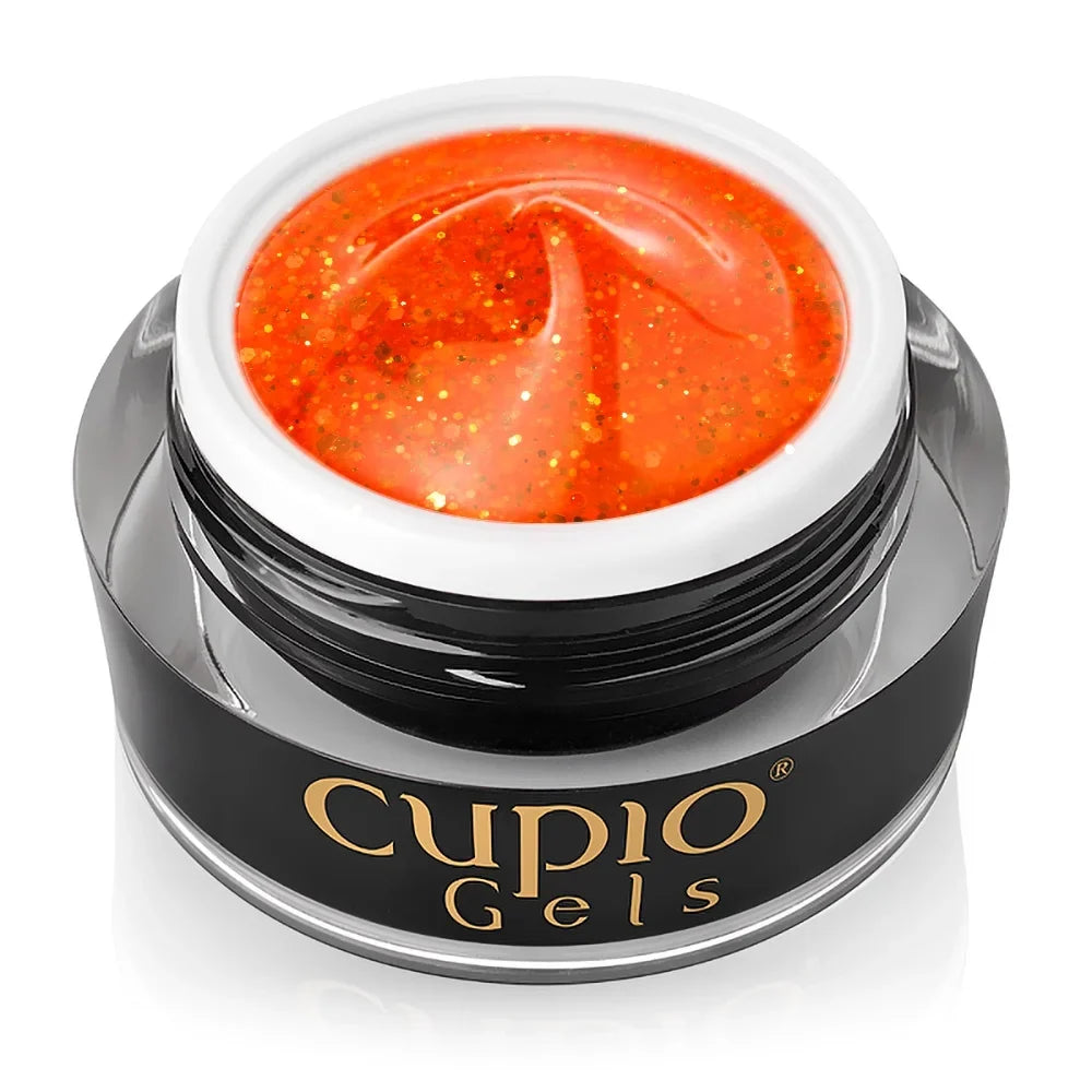 Tarro abierto del Builder Gel Cupio Glitter Neon Morning Mimosa de 15 ml en naranja neón con purpurina