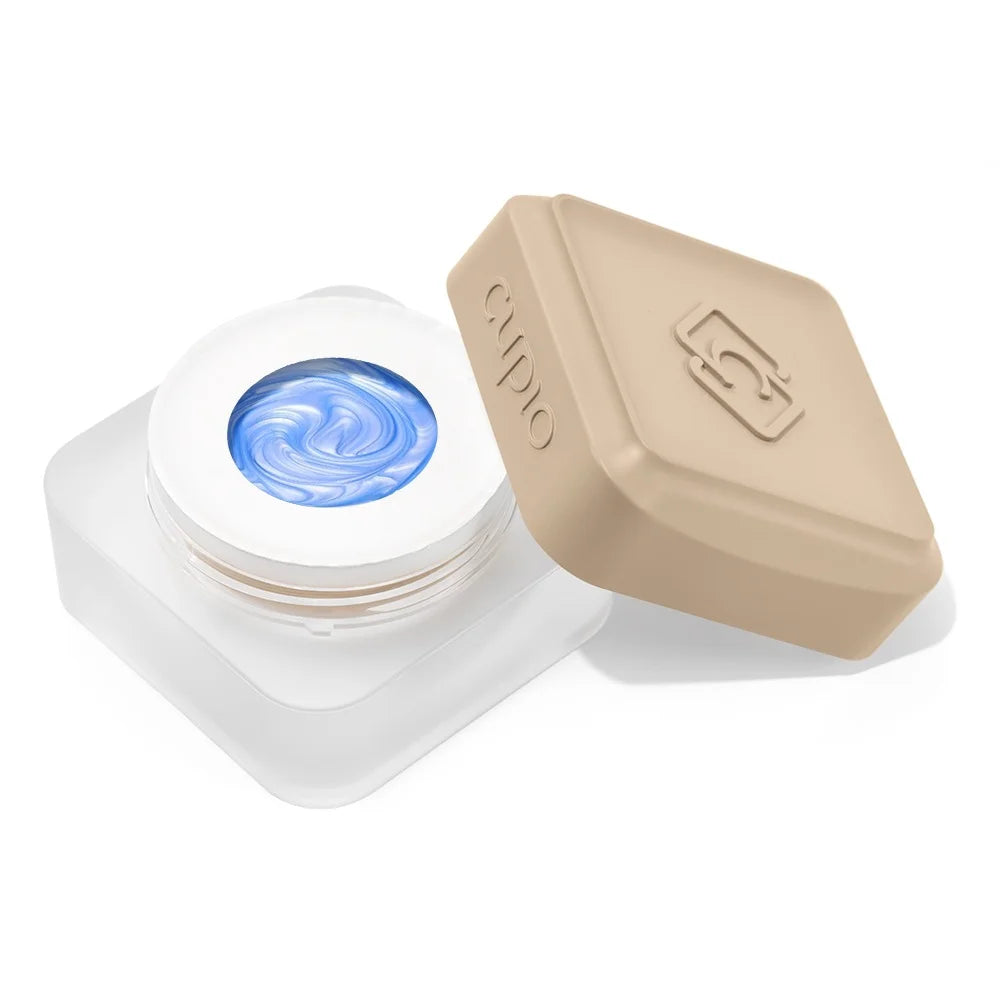 Tarro abierto del Builder Gel Cupio Pearl Bloom Dreamy Sky de 15 ml en azul cielo perlado