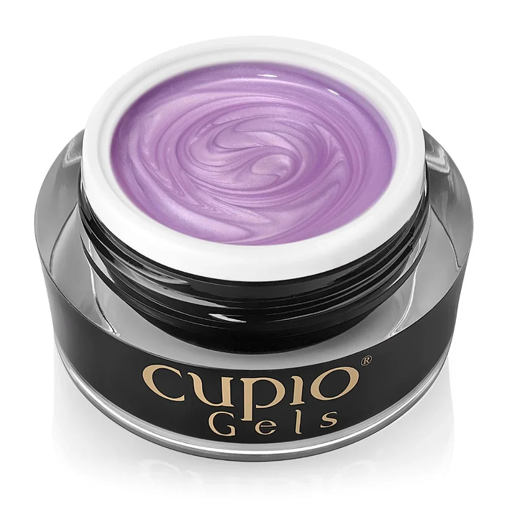 Tarro abierto del Builder Gel Cupio Pearl Bloom Lavender Breeze de 15 ml en lavanda perlado