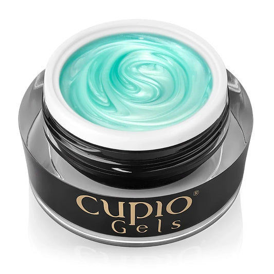 Tarro abierto del Builder Gel Cupio Pearl Bloom Seafoam Kiss de 15 ml en aguamarina perlado