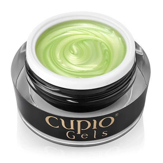 Tarro abierto del Builder Gel Cupio Pearl Bloom Sunbeam Sorbet de 15 ml en verde pistacho perlado