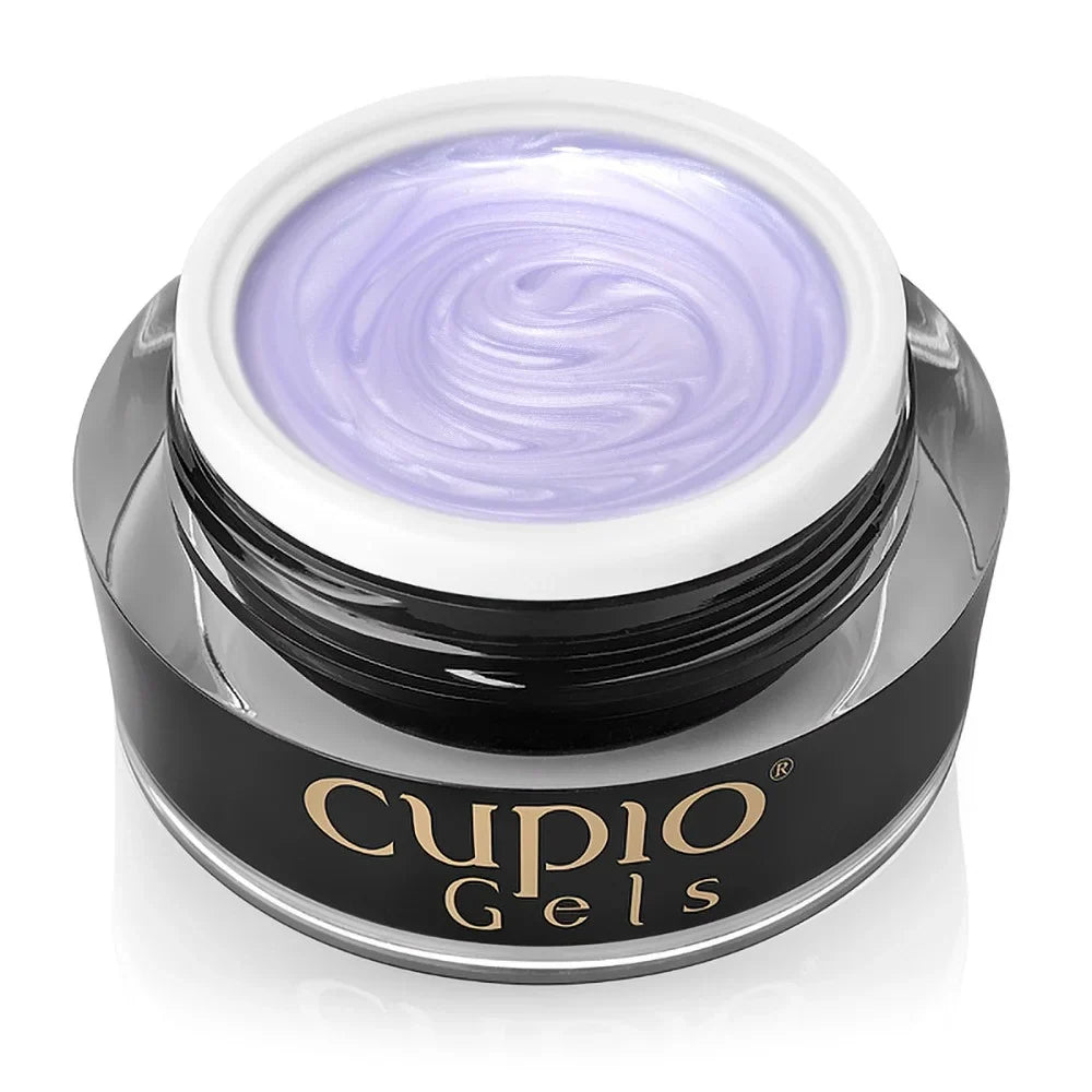 Tarro abierto del Builder Gel Cupio Pearl Bloom Twilight Spark de 15 ml en lila claro perlado