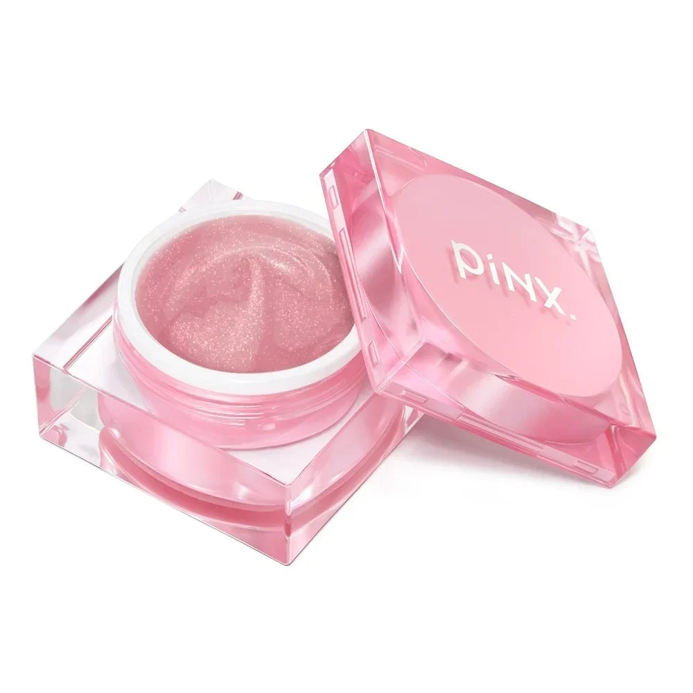 Bote de Builder Gel pinx. Sparkling Bare Lips 15ml abierto, gel rosa empolvado con brillo fino