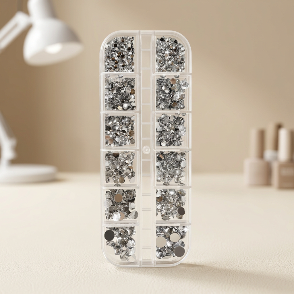 Caja de cristales para uñas en una mesa de manicura profesional