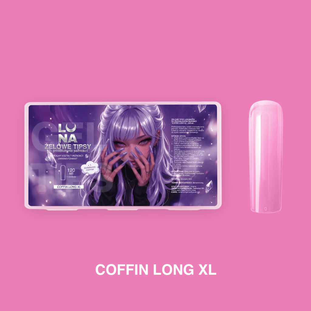 Gel Tips LUNAmoon Coffin Long XL - packaging y forma coffin larga
