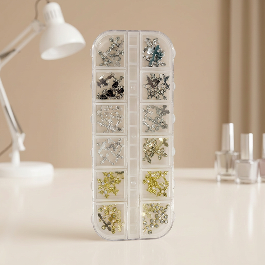 Decoración de cruces plateadas y doradas con fondo de salón de uñas