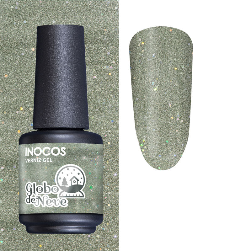 Esmalte semipermanente INOCOS Globo De Neve 15 ml, verde salvia con brillo y glitter, con muestra en uña