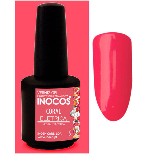 Esmalte semipermanente INOCOS Maria Coral Elétrica 15 ml, coral fucsia intenso, con muestra en uña