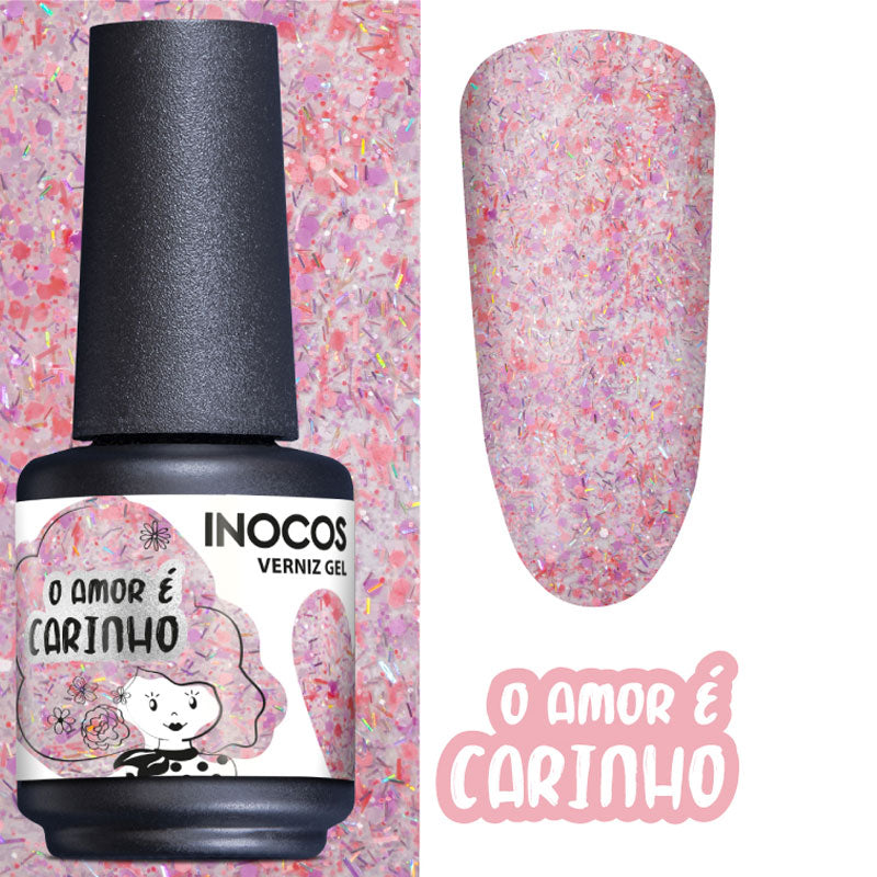 Esmalte semipermanente INOCOS O Amor É Carinho 15 ml, rosa con virutas de colores, con muestra en uña