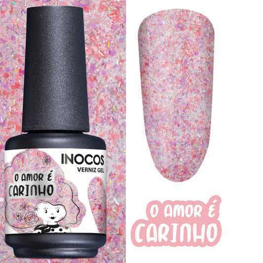 Esmalte semipermanente INOCOS O Amor É Carinho 15 ml, rosa con virutas de colores, con muestra en uña